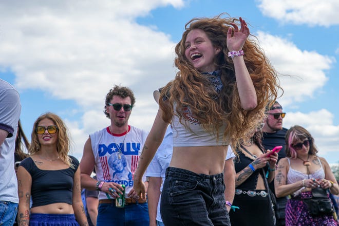 Maddie Kerr from Nashville dances during Sierra Ferrel's set on the Big River stage at the Two Step Inn country music festival at San Gabriel Park on Sunday, April 21, 2024 in Georgetown, Texas.
